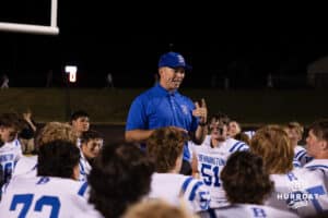 Kameron Lenhart speaks to his team after a win over Gretna during a High School Football game, Friday, September 26th, 2025, Gretna, Nebraska. Photo by Braden Cochran.