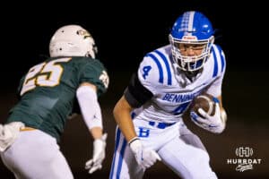 Bennington receiver Braydan Kloster (4) tries to make a move with the ball around a Gretna defender during a High School Football game, Friday, September 26th, 2025, Gretna, Nebraska. Photo by Braden Cochran.