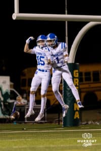 Badger receivers Parker Douglass (15) and Noah Nichols (1) celebrate after a touchdown during a High School Football game, Friday, September 26th, 2025, Gretna, Nebraska. Photo by Braden Cochran.