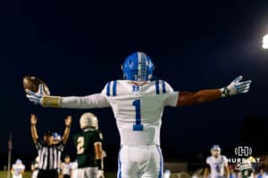 Bennington's Noah Nichols (1) celebrates after a touchdown during a High School Football game, Friday, September 26th, 2025, Gretna, Nebraska. Photo by Braden Cochran.