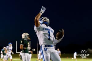 Bennington's Noah Nichols (1) points to the sky in celebration after a touchdown during a High School Football game, Friday, September 26th, 2025, Gretna, Nebraska. Photo by Braden Cochran.
