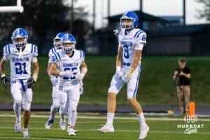Wide receiver Jake Russell celebrates after a long touchdown early during a High School Football game, Friday, September 26th, 2025, Gretna, Nebraska. Photo by Braden Cochran.