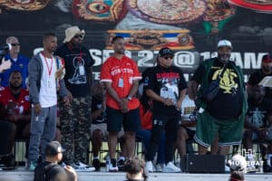 Terence "Bud" Crawford's training team is being recognized on stage during the Terence "Bud" Crawford World Champion Victory Parade on Saturday, September 27, 2025, in Omaha, Nebraska. Photo by Braden Cochran.