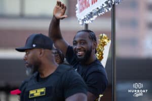 Terence "Bud" Crawford waves to the crowd during the Terence "Bud" Crawford World Champion Victory Parade, Saturday, September 27, 2025, Omaha, Nebraska. Photo by Braden Cochran.