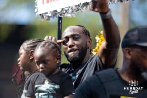 Terence "Bud" Crawford waves to the crowd during the Terence "Bud" Crawford World Champion Victory Parade, Saturday, September 27, 2025, Omaha, Nebraska. Photo by Braden Cochran.