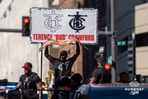 Terence “Bud” Crawford holds up his Ring Magazine belt during the Terence "Bud" Crawford World Champion Victory Parade, Saturday, September 27, 2025, Omaha, Nebraska. Photo by Brandon Tiedemann.
