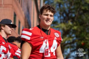 Nebraska Cornhusker Luke Lindenmeyer waving to the fans during the Terence "Bud" Crawford World Champion Victory Parade, Saturday, September 27, 2025, Omaha, Nebraska. Photo by Brandon Tiedemann.