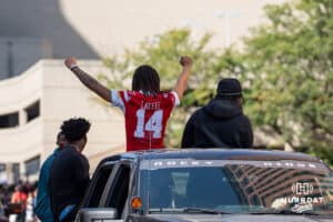 Nebraska Cornhusker TJ Lateef cheers during the Terence "Bud" Crawford World Champion Victory Parade, Saturday, September 27, 2025, Omaha, Nebraska. Photo by Brandon Tiedemann.