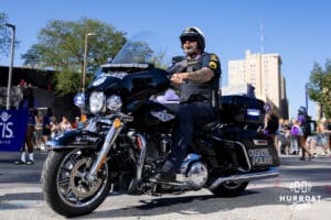 Police officers make their way up and down the parade route during the Terence "Bud" Crawford World Champion Victory Parade, Saturday, September 27, 2025, Omaha, Nebraska.