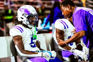 Omaha Central's Robert McDonald Jr (5) locked in on the bench, preparing to get back on defense during a high school football game @ Westside on Friday, September 26, 2025, in Omaha, Nebraska. Photo By Jack R. Stephens
