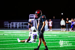 Westsides Micah Benning (7) celebrating after breaking up a pass during a high school football game VS Omaha Central on Friday, September 26 2025 in Omaha, Nebraska. Photo By Jack R. Stephens