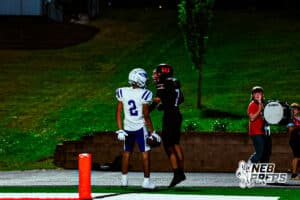 Omaha Centrals Yasir Grixby (2) talking trash after scoring a touchdown during a high school football game @ Westside on Friday, September 26 2025 in Omaha, Nebraska. Photo By Jack R. Stephens
