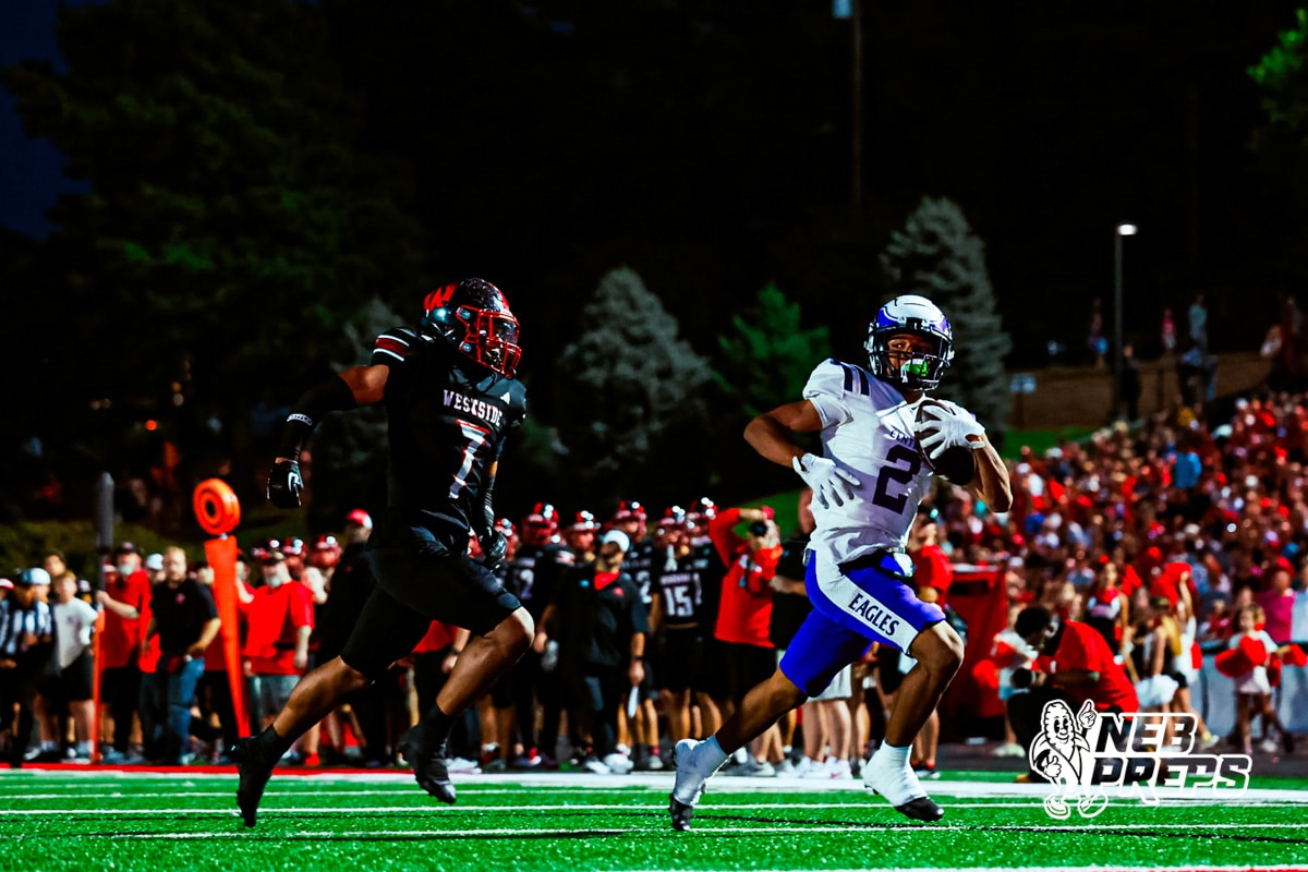 Omaha Centrals Yasir Grixby (2) running it in for a touchdown during a high school football game @ Westside on Friday, September 26 2025 in Omaha, Nebraska. Photo By Jack R. Stephens