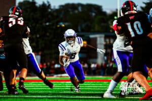 Omaha Centrals Kylonn Haynie (8) running through gap during a high school football game @ Westside on Friday, September 26 2025 in Omaha, Nebraska. Photo By Jack R. Stephens