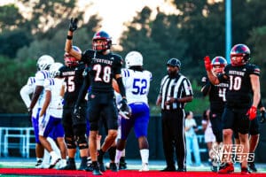 Westsides Bryson Williams (28) throwing up a third down signal during a high school football game VS Omaha Central on Friday, September 26 2025 in Omaha, Nebraska. Photo By Jack R. Stephens