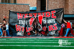Westsides Braylen Warren (2) running out with team during pregame before a high school football game VS Omaha Central on Friday, September 26 2025 in Omaha, Nebraska. Photo By Jack R. Stephens