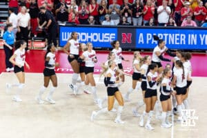 Nebraska Cornhuskers celebrates sweeping the Maryland Terrapins during a college volleyball match on Saturday, September 27, 2025, in Lincoln, Nebraska. Photo by John S. Peterson.
