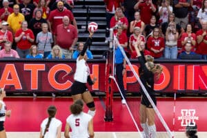 Nebraska Cornhusker outside hitter Taylor Landfair (12) scores match point against the Maryland Terrapins in the third set during a college volleyball match on Saturday, September 27, 2025, in Lincoln, Nebraska. Photo by John S. Peterson.