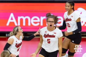 Nebraska Cornhusker middle blocker Rebekah Allick (5) celebrates a kill against the Maryland Terrapins in the third set during a college volleyball match on Saturday, September 27, 2025, in Lincoln, Nebraska. Photo by John S. Peterson.
