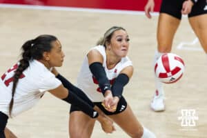 Nebraska Cornhusker libero/defensive specialist Laney Choboy (6) passes the ball against the Maryland Terrapins in third set during a college volleyball match on Saturday, September 27, 2025, in Lincoln, Nebraska. Photo by John S. Peterson.