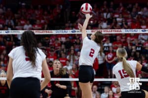 Nebraska Cornhusker setter Bergen Reilly (2) dunks the ball over the net against the Maryland Terrapins in the third set during a college volleyball match on Saturday, September 27, 2025, in Lincoln, Nebraska. Photo by John S. Peterson.