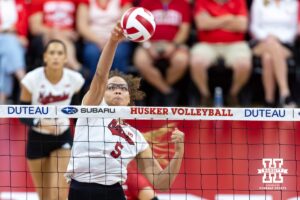 Nebraska Cornhusker middle blocker Rebekah Allick (5) spikes the ball against the Maryland Terrapins during a college volleyball match on Saturday, September 27, 2025, in Lincoln, Nebraska. Photo by John S. Peterson.