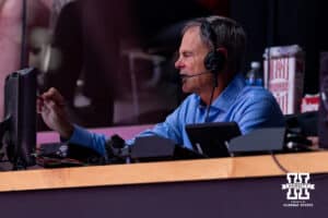 BTN volleyball commentator John Cook writing on the telesrator during a college volleyball match between the Nebraska Cornhuskers and the Maryland Terrapins on Saturday, September 27, 2025, in Lincoln, Nebraska. Photo by John S. Peterson.