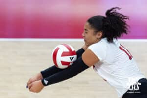 Nebraska Cornhusker outside hitter Teraya Sigler (11) digs the ball against the Maryland Terrapins in the second set during a college volleyball match on Saturday, September 27, 2025, in Lincoln, Nebraska. Photo by John S. Peterson.