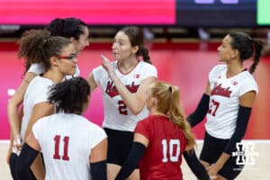Nebraska Cornhuskers celebrates a point agianst the Maryland Terrapins in the second set during a college volleyball match on Saturday, September 27, 2025, in Lincoln, Nebraska. Photo by John S. Peterson.