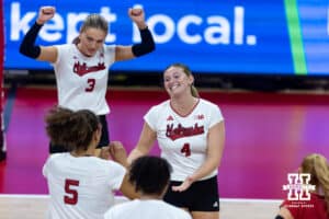 Nebraska Cornhusker setter Campbell Flynn (4) celebrates an assist to middle blocker Rebekah Allick (5) in the second set during a college volleyball match on Saturday, September 27, 2025, in Lincoln, Nebraska. Photo by John S. Peterson.