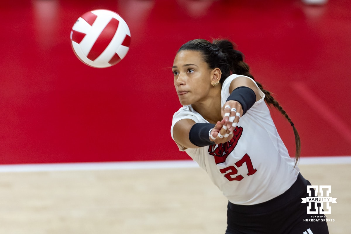 Nebraska Volleyball vs. Maryland | September 27, 2025 Nebraska Cornhusker outside hitter Harper Murray (27) passes the ball agianst the Maryland Terrapins in the second set during a college volleyball match on Saturday, September 27, 2025, in Lincoln, Nebraska. Photo by John S. Peterson.