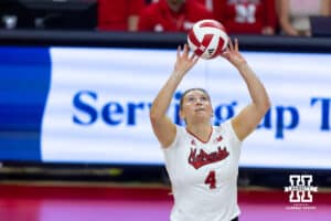 Nebraska Cornhusker setter Campbell Flynn (4) sets the ball against the Maryland Terrapins in the second set during a college volleyball match on Saturday, September 27, 2025, in Lincoln, Nebraska. Photo by John S. Peterson.