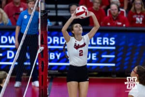 Nebraska Cornhusker setter Bergen Reilly (2) sets the ball against the Maryland Terrapins in the second set during a college volleyball match on Saturday, September 27, 2025, in Lincoln, Nebraska. Photo by John S. Peterson.