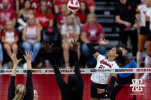Nebraska Cornhusker outside hitter Skyler Pierce (21) spikes the ball against the Maryland Terrapins in the first set during a college volleyball match on Saturday, September 27, 2025, in Lincoln, Nebraska. Photo by John S. Peterson.