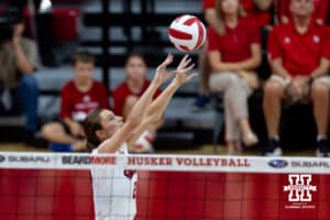 Nebraska Cornhusker setter Bergen Reilly (2) sets the ball against the Maryland Terrapins in the first set during a college volleyball match on Saturday, September 27, 2025, in Lincoln, Nebraska. Photo by John S. Peterson.