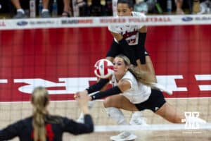 Nebraska Cornhusker libero/defensive specialist Laney Choboy (6) makes a pass against the Maryland Terrapins in the first set during a college volleyball match on Saturday, September 27, 2025, in Lincoln, Nebraska. Photo by John S. Peterson.