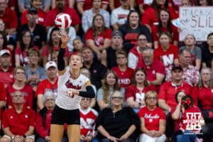 Nebraska Cornhusker middle blocker Andi Jackson (15) serves the ball against the Maryland Terrapins in the first set during a college volleyball match on Saturday, September 27, 2025, in Lincoln, Nebraska. Photo by John S. Peterson.