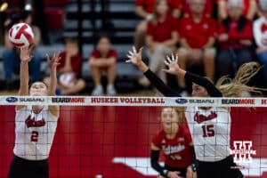 Nebraska Cornhusker setter Bergen Reilly (2) block the ball against the Maryland Terrapins in the first set during a college volleyball match on Saturday, September 27, 2025, in Lincoln, Nebraska. Photo by John S. Peterson.