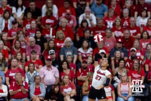 Nebraska Cornhusker outside hitter Harper Murray (27)serves the ball against the Maryland Terrapins in the first set during a college volleyball match on Saturday, September 27, 2025, in Lincoln, Nebraska. Photo by John S. Peterson.