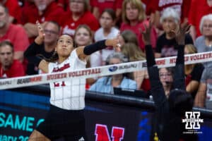 Nebraska Cornhusker outside hitter Harper Murray (27) sets up to spike the ball against the Maryland Terrapins in the first set during a college volleyball match on Saturday, September 27, 2025, in Lincoln, Nebraska. Photo by John S. Peterson.