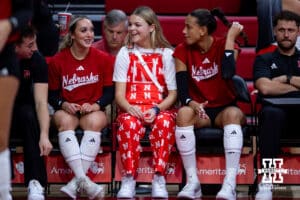 Rylee Stewart having fun talking to Laney Choboy and Harper Murray on her Make A Wish to hang out with the Huskers for a couple days before a college volleyball match on Saturday, September 27, 2025, in Lincoln, Nebraska. Photo by John S. Peterson.