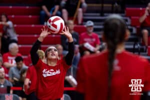 Nebraska Cornhusker libero/defensive specialist Laney Choboy (6) warms up before taking on the Maryland Terrapins during a college volleyball match on Saturday, September 27, 2025, in Lincoln, Nebraska. Photo by John S. Peterson.