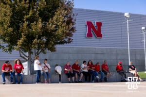 Nebraska Cornhusker fans waiting to get in for a college volleyball match against the Maryland Terrapins on Saturday, September 27, 2025, in Lincoln, Nebraska. Photo by John S. Peterson.
