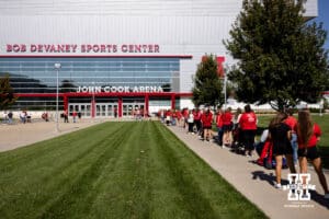 Nebraska Cornhusker fans line up to get in for the match against the Maryland Terrapins during a college volleyball match on Saturday, September 27, 2025, in Lincoln, Nebraska. Photo by John S. Peterson.