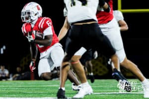 Nelsyn Wheeler carries the ball during the Millard South football game vs Lincoln Southeast on September 25th, 2025 in Omaha, Nebraska. Photo by Drew Balus