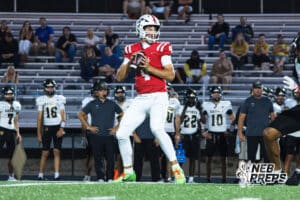 Jett Thomalla sits in the pocket during the Millard South football game vs Lincoln Southeast on September 25th, 2025 in Omaha, Nebraska. Photo by Drew Balus