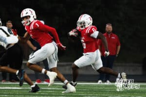 Nelsyn Wheeler runs during the Millard South football game vs Lincoln Southeast on September 25th, 2025, in Omaha, Nebraska. Photo by Drew Balus.