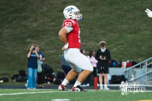 Jack Ladd celebrates during the Millard South football game vs Lincoln Southeast on September 25th, 2025, in Omaha, Nebraska. Photo by Drew Balus.