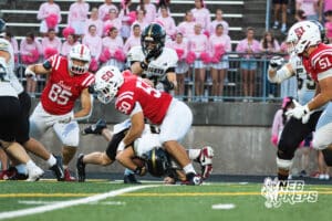 Jack Ladd sacks the quarterback during the Millard South football game vs Lincoln Southeast on September 25th, 2025, in Omaha, Nebraska. Photo by Drew Balus.