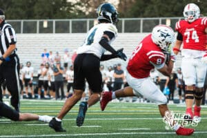 Gabe Prucha runs into the endzone during the Millard South football game vs Lincoln Southeast on September 25th, 2025, in Omaha, Nebraska. Photo by Drew Balus.
